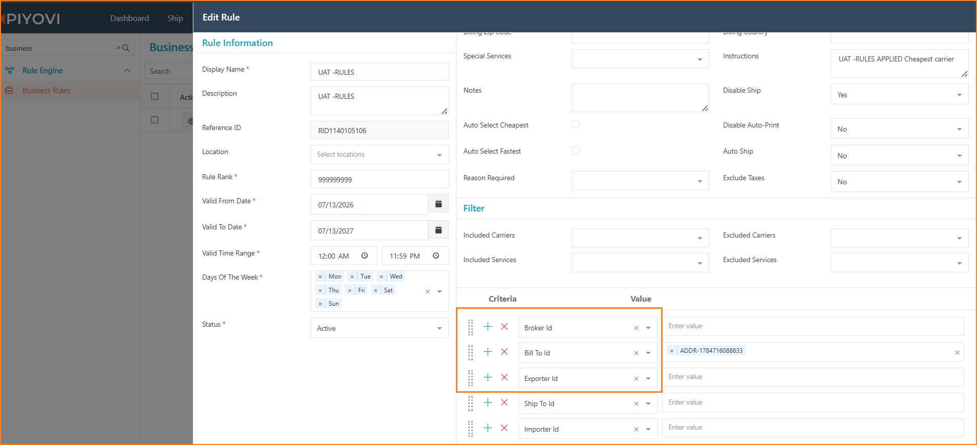Business Rule criteria dropdown showing party attributes such as Bill To Id and Shipper Id